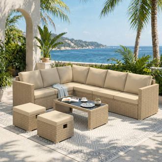Merax 8 Seater Garden Corner Sofa Set With Coffee Table & 2 Stools in Beige