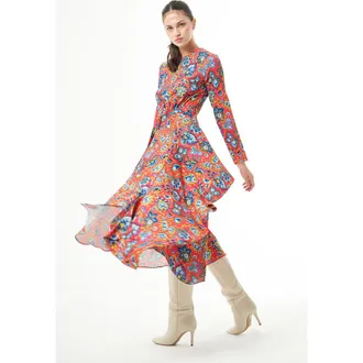Mizalle Long Sleeve High Neck Midi Dress in Patterned at Nordstrom, Size 10