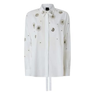 Pinko Shirts, female, White, Size: L Camicia in popeline con ricami gioiello
