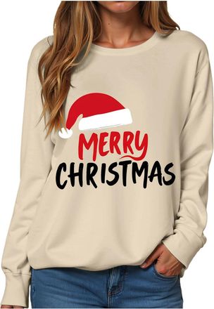 Generic Womens Casual Long Sleeve Christmas Graphic Tee Shirts Crew Neck Sweatshirts Pullover Tops For Women Zip Long Sleeve Pullover (Beige 4, XXL)