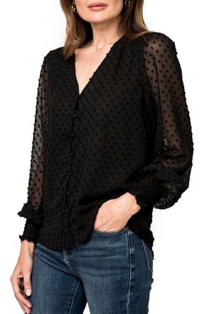 Gibsonlook Pin Dot Smocked Detail V-Neck Blouse in Black at Nordstrom, Size Xx-Small