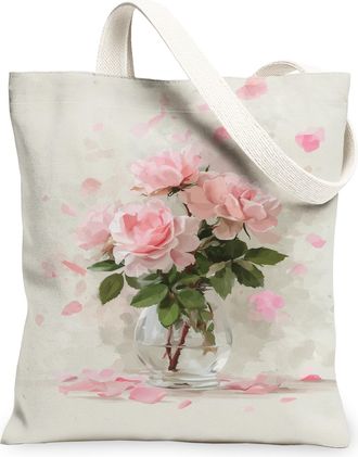 Generic Floral Canvas Tote Bags, Elegant Rose Design Lightweight Washable Shopping Bags, Spring Vintage Chic Reusable Shoulder Stra, Peach, 13x15 Inch