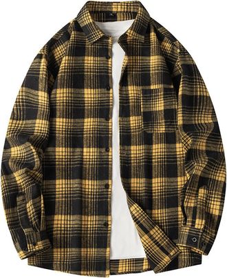 Generic Plaid Shirts for Men Long Sleeve Button Down Shirt Autumn Jacket Loose T-Shirts Regular Fit Tops Blouse with Pocket Camisas Vaqueras(Yellow, XXXL)
