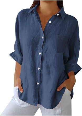 Generic Linen Tops Women Long Sleeve Button Down Shirts Plain Loose Casual Blouses Cotton Linen Shirt with Pocket Collared V Neck Tunic Tops Summer T Shirts T