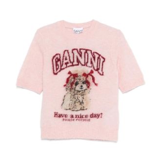 Ganni T-Shirts, female, Pink, L, Short Sleeve Round Neck Fine Knit