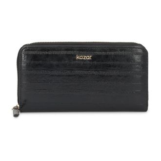 Kazar Leren portemonnee met ritsvak en klep met drukker - Dames - Accessoires - Zwart - Maat: ONE Size Leer