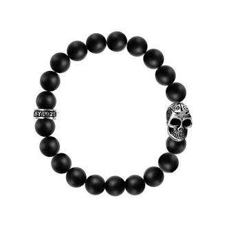 King Baby Studio 10mm Black Onyx Bead Bracelet with Day of the Dead Skull in Silver at Nordstrom, Size Medium