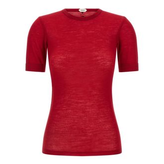 Versace Geborduurde wollen ribgebreide T-shirt - Dames - T-shirts - Rood - S - Wol - Tops