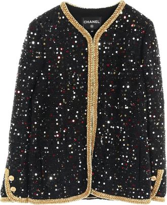 Chanel 1986-1988 tweed sequin no-collar jacket - Black