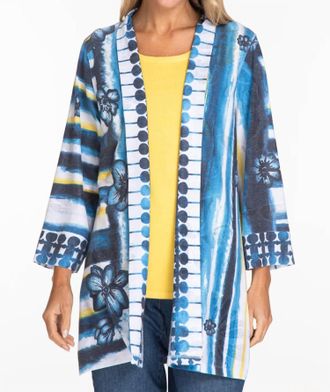 Multiples Stripe And Floral Kimono Cardigan In Blue, Yellow, White