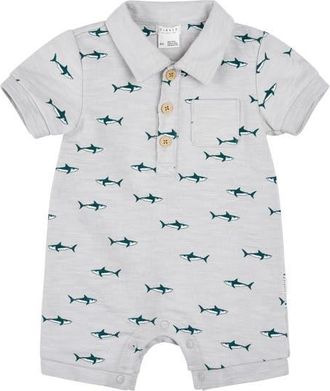 Petit Lem Shark Print Cotton Polo Romper in Light Grey at Nordstrom, Size 12M