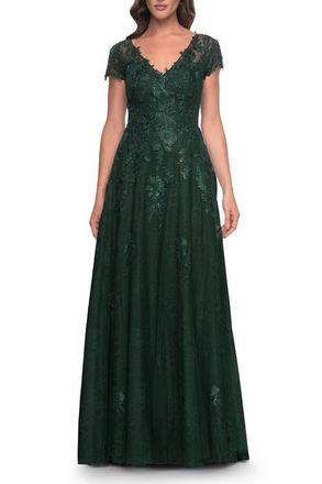 La Femme A-Line Dress with Lace Applique and Sheer Short Sleeves in Emerald at Nordstrom, Size 12