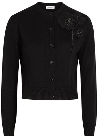 Erdem Floral-embellished Merino Wool Cardigan - Black - XL (UK16 / XL)