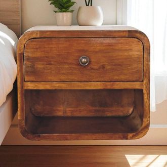 Direct Wicker Solid Wood Mini Curve Floating Bedside, 1 Drawer & Open Slot in Dark Brown | Size: 1 Pack