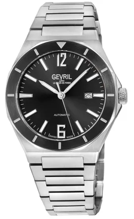Gevril Group Mens High Line Automatic Watch Stainless Steel Case, Top ring in Black Sapphire Crystal, Stainless Steel Bracelet