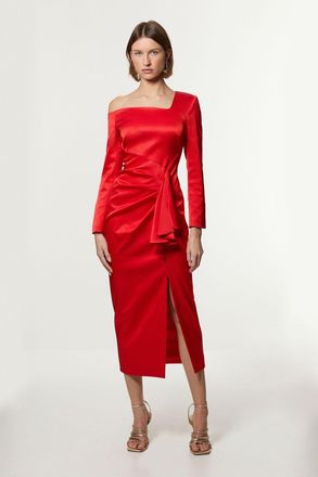 Karen Millen Womens Petite Italian Structured Rib Asymmetric Neckline Draped Tailored Maxi Dress - Red - Size 6 UK