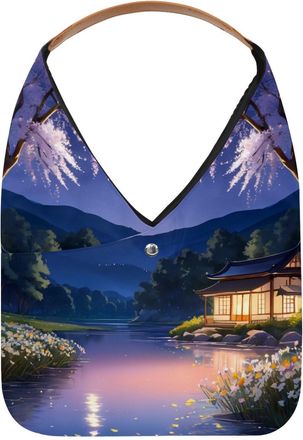 Generic Moonlight River Flowers Reusable Lightweight Grocery Bags - Foldable Into Compact Pouch, Washable & Sturdy, Multipurpose for Shopping and Travel