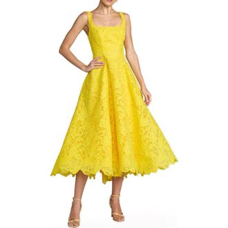 Mac Duggal Sleeveless Lace Scoop Neck Midi Dress with Pockets in Buttercup at Nordstrom, Size 10