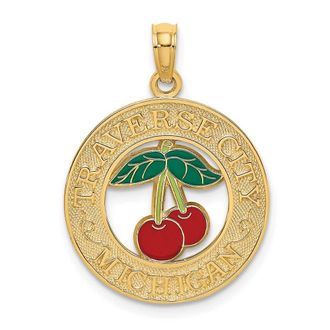 Diamond2Deal 14k Yellow Gold TRAVERSE CITY MI Enamel Cherry Charm Pendant