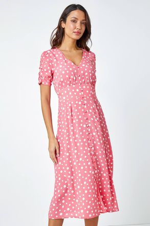 Roman Polka Dot Ruched Sleeve Midi Dress