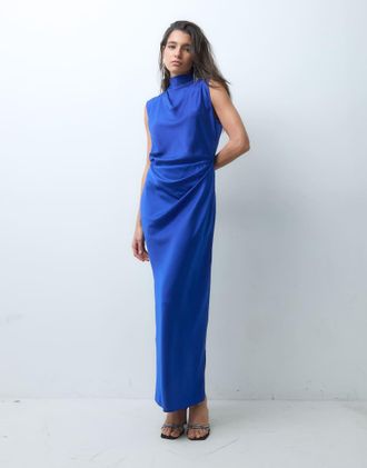 Asos vestito midi con corpino a pieghe e collo alto in blu cobalto
