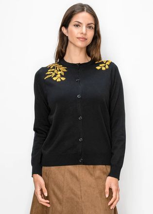 YAL New York Black Crew Neck Cardigan with Gold Detail