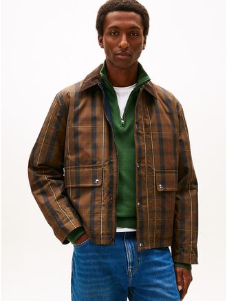 Tommy Hilfiger Mens Relaxed Waxed Plaid Barn Jacket - Brown - L