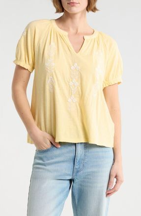 Lucky Brand Embroidered Notch Neck Short Sleeve Tee in Sunlight at Nordstrom Rack, Size X-Small