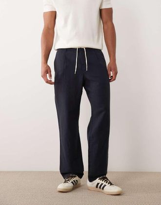 Mango Pantaloni dritti blu navy in misto lino con coulisse