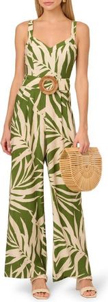 Adrianna Papell Print Sleeveless Wide Leg Jumpsuit in Green/Ivory at Nordstrom, Size 16