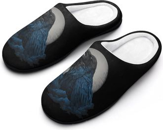 Generic Raven with Moon Funny Mens Cotton Slippers Soft Non-Slip Rubber Sole House Slipper Indoor Outdoor