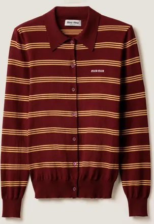 Miu Miu Striped Cashmere And Silk Cardigan, Woman, Amaranth Red/maize Yellow, Size 36