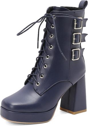 Generic Womens Platform Chunky Heel Mid-calf Boots Lace-Up Punk Gothic Booties,Blue,6.5 UK