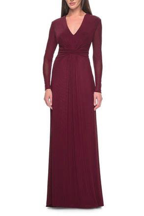 La Femme Long Sleeve Jersey Evening Dress with Ruching Detail in Wine at Nordstrom, Size 14