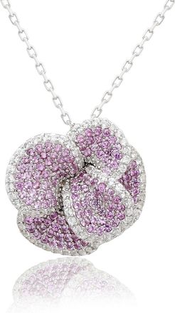Suzy Levian Sterling Silver Pink Sapphire and Diamond Pave Peony Flower Pendant with Chain
