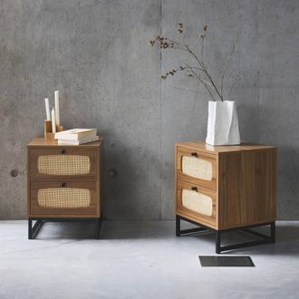 Sweeek Pair Of Wood & Cane Bedside Tables in Light Brown