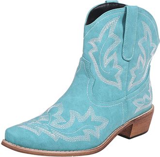 Generic Wide Fit Cowboy Ankle Boots for Women Embroidered Pointed Toe Chunky Retro Slip On Mid-Heels Western Cowgirls Boots Retro Leather Western Cowboy Knee 