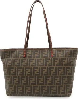 Fendi Dark Brown Khaki Brown Red Color Coated Canvas Leather Shoulder Bag Tote Bag (Pre-Owned)