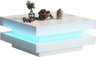 STILVORA Mesa De Centro Cuadrada Con Tira Led Bluetooth, Acabado Brillante, En Tablero De Part&iacute;culas, Blanco