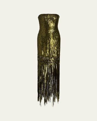 Oscar De La Renta Strapless Sequined Fringe Maxi Dress