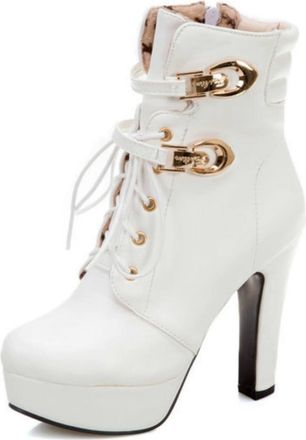 Generic Womens Modern Platform Ankle Boots with Buckles - Lace-Up Chunky Heel Casual Booties,White,5.5 UK