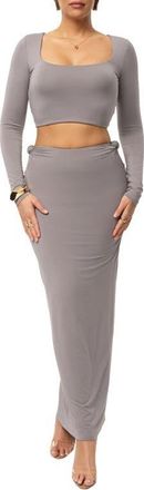 JLUXLABEL Geneva Long Sleeve Crop Top & Skirt in Gray at Nordstrom, Size X-Small