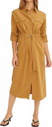 Crescent Button Up Utility Midi Dress In Brown