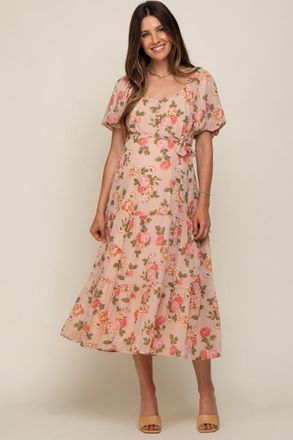 Pinkblush Floral Button Puff Sleeve Midi Dress at Nordstrom, Size Medium