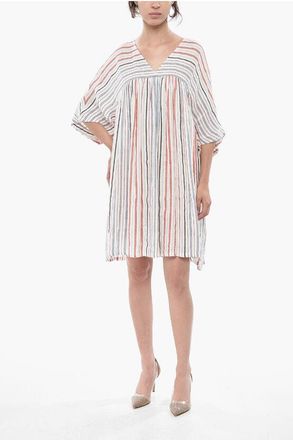 Woolrich Dress SUMMER VARSITY Mixed Linen Striped V-Neck size Xs