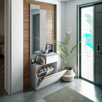 Dmora Mueble Recibidor Waltham, Zapatero Multifunci&oacute;n Con Espejo, Armario Con 1 Puerta Y 1 Caj&oacute;n, 61x28h185 Cm, Cemento Y Blanco Brillo, Con Embalaje Reforz