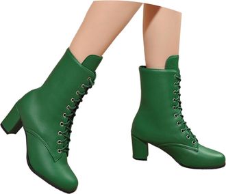 Generic 2026 Fashion Women Solid Autumn Square Heels Lace Up Short Booties Round Toe Shoes (Green, 4.5)