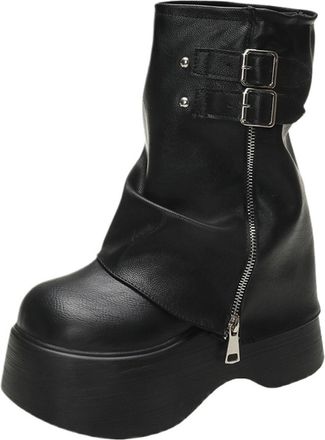 Generic Soft Leather Ankle Mid Calf Boots Winter Autumn High Platform Wedge British Booties Woman Ladies Chunky Motorcycle Boots 9CM(Black,US3.5)