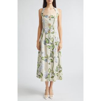 Oscar De La Renta Porcelain Flowers Stretch Cotton Poplin Halter Neck Dress in Denim/Oatmeal at Nordstrom, Size 4