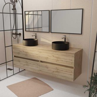 Aurlane Aurlane - Mueble De Ba&ntilde;o 160 Timber Roble 4 Cajones Lavabos Negros 2 Espejos 75x55